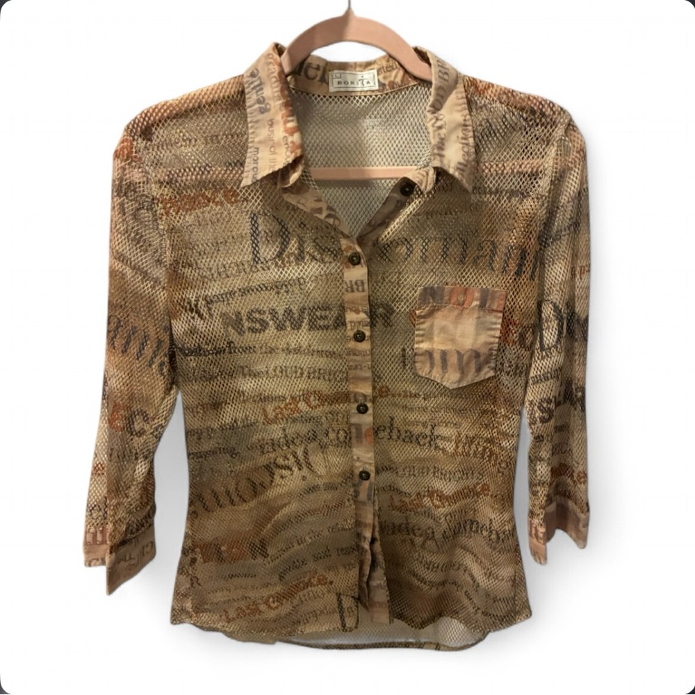 Sheer Mesh Newspaper Print Button-Down Blouse